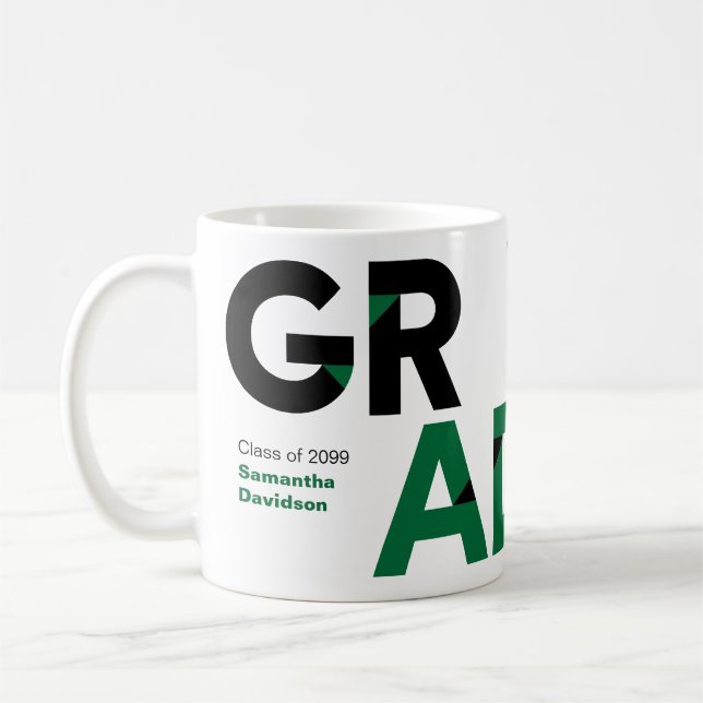 Green Big Bold Angle-Cut Letters Graduation Coffee Mug (Left)