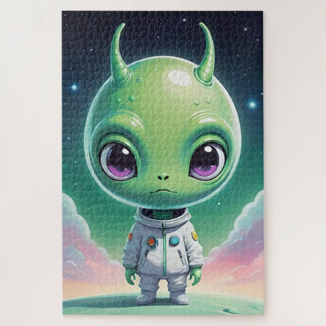 Green big head alien with horns jigsaw puzzle (Vertical)