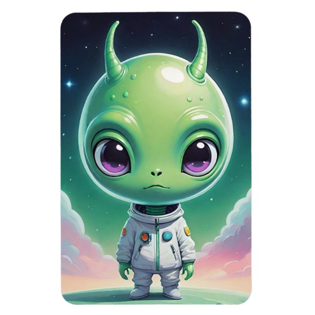 Green big head alien with horns magnet (Vertical)