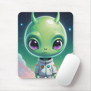 Green big head alien with horns mouse mat