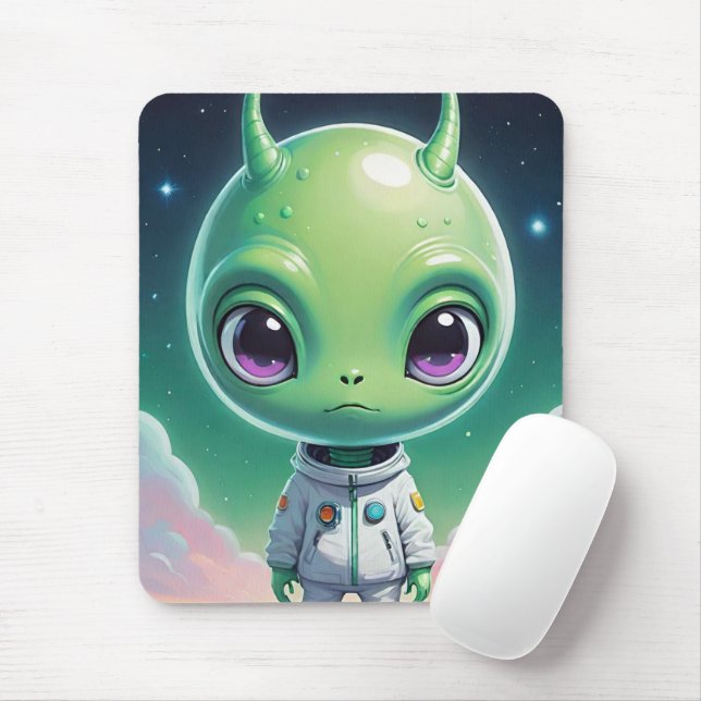 Green big head alien with horns mouse mat (With Mouse)