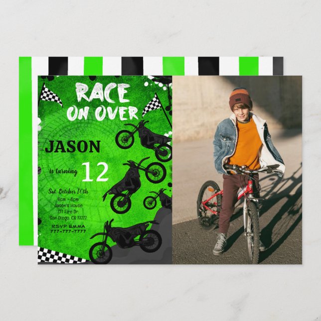 Green Bike Birthday Photo Invitation  (Front/Back)