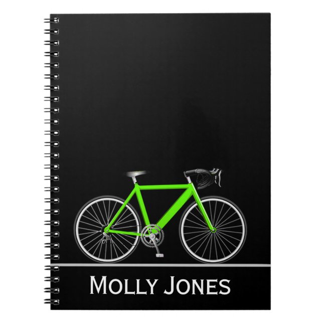 Green Bike with Name on Black  Notebook (Front)