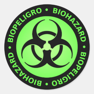 Green Bilingual Biohazard Warning Classic Round Sticker
