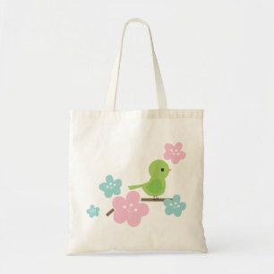 Green Bird and Cherry Flowers Tote Bag