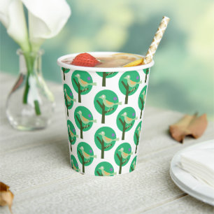 Green Bird and Tree Pattern Nature Inspired Paper Cups