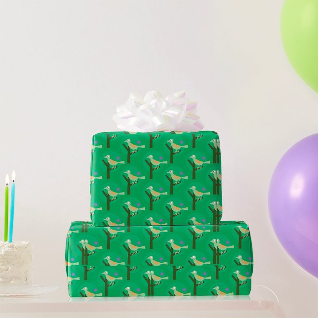 Green Bird and Tree Pattern Nature Inspired  Wrapping Paper (Creator Uploaded)