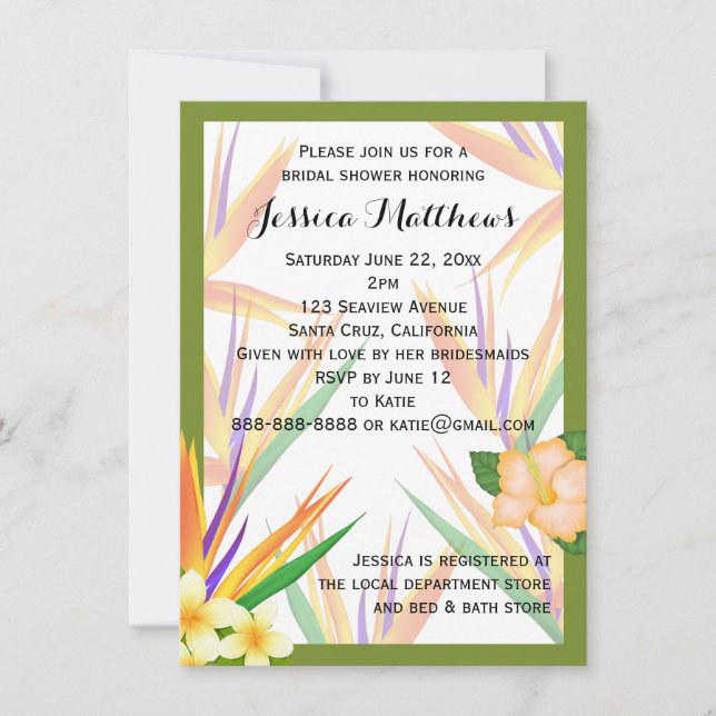 Green Bird of Paradise Bridal Shower Wedding Invitation (Front)