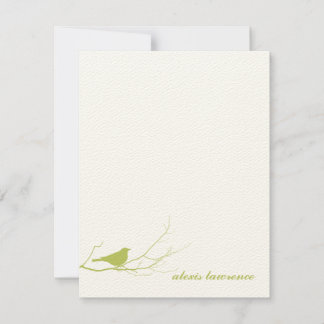 Green bird on branch ecru thank you note card