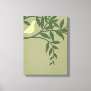 Green Bird Perched on Green Branch Canvas Print