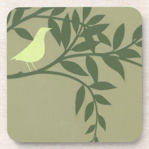 Green Bird Perched on Green Branch Coaster