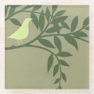 Green Bird Perched on Green Branch Glass Coaster