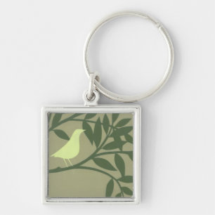 Green Bird Perched on Green Branch Key Ring