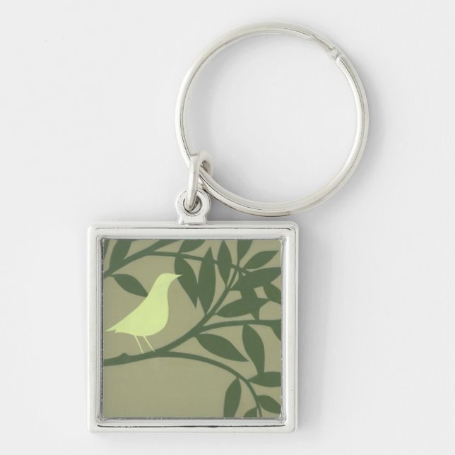 Green Bird Perched on Green Branch Key Ring (Front)