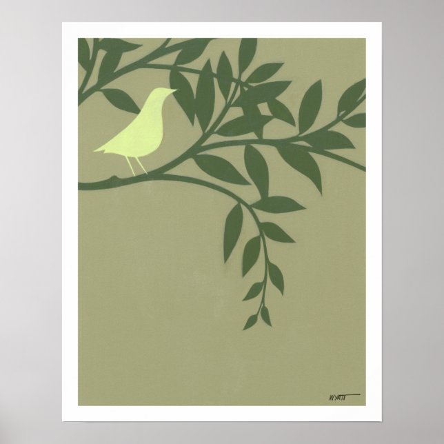 Green Bird Perched on Green Branch Poster (Front)