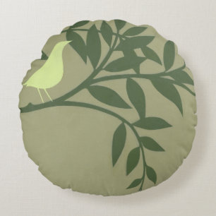 Green Bird Perched on Green Branch Round Cushion