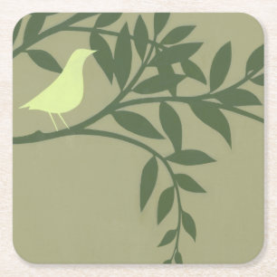 Green Bird Perched on Green Branch Square Paper Coaster