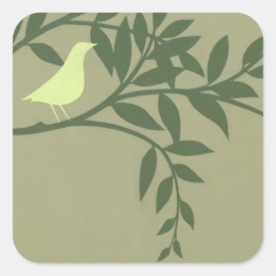 Green Bird Perched on Green Branch Square Sticker