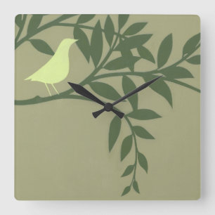 Green Bird Perched on Green Branch Square Wall Clock