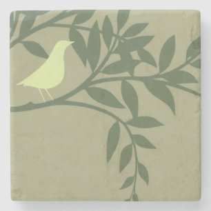 Green Bird Perched on Green Branch Stone Coaster