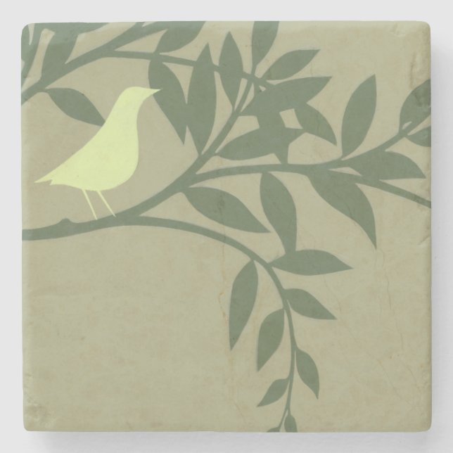 Green Bird Perched on Green Branch Stone Coaster (Front)
