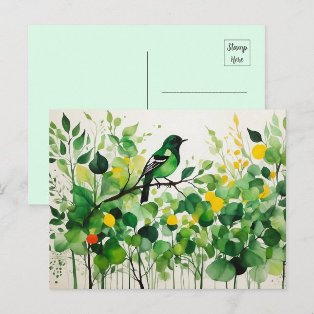 Green Bird Standing On A Branch Postcard (Front/Back)