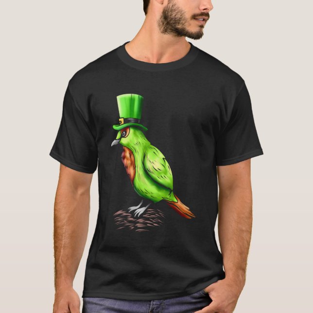 Green Bird With Leprechaun Hat On St Patricks Day T-Shirt (Front)