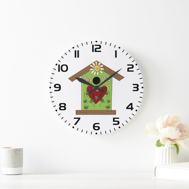 Green Birdhouse with Heart and Daisies  Large Clock (Creator Uploaded)