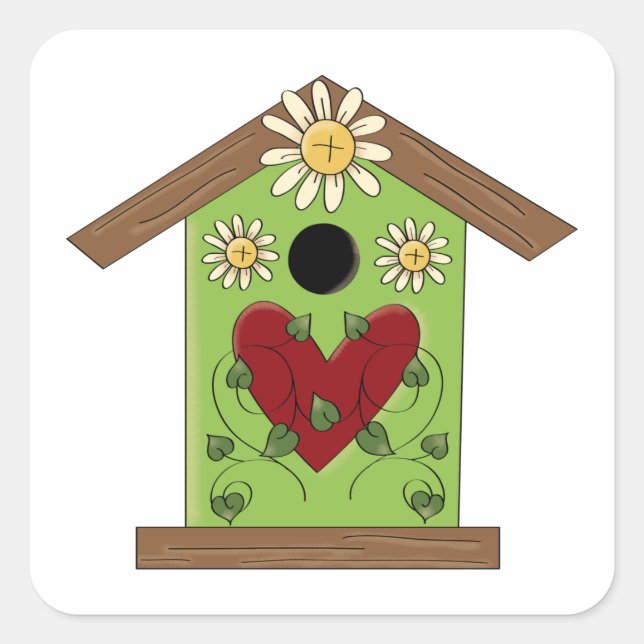 Green Birdhouse with Heart and Daisies  Square Sticker (Front)