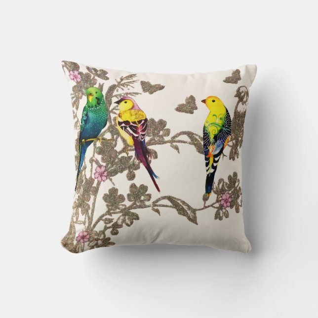 Green Birds Floral Watercolor Silver Glitter Cushion (Front)