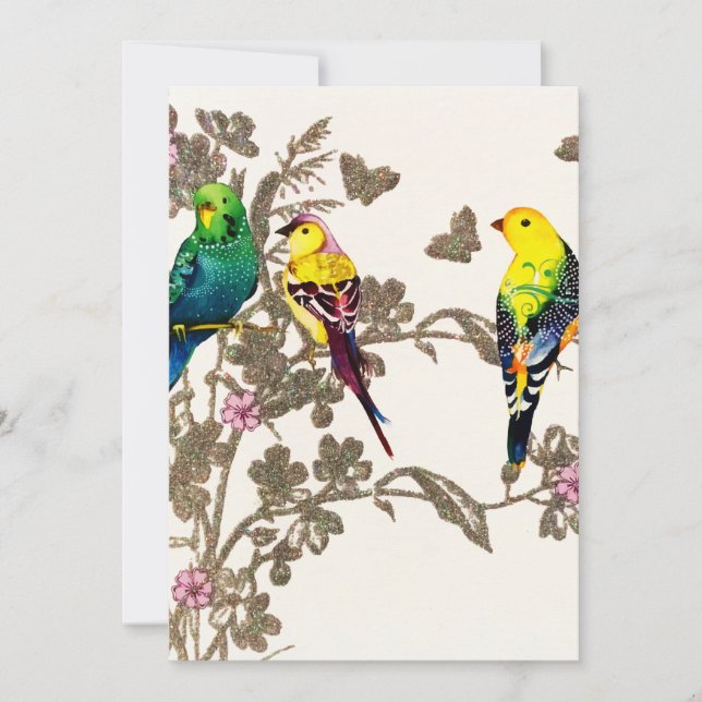 Green Birds Floral Watercolor Silver Glitter Holiday Card (Front)