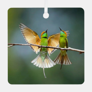 Green Birds Frolic in the Trees Photograph Metal Tree Decoration