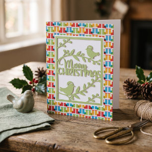 Green Birds Merry Christmas Faux Papercut Holiday Card