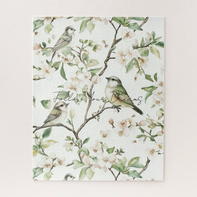 Green Birds White Flowers Tree Jigsaw Puzzle (Vertical)