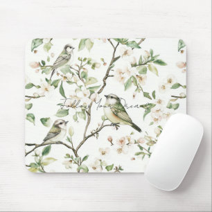 Green Birds White Flowers Tree Mouse Mat