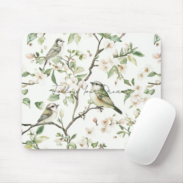 Green Birds White Flowers Tree Mouse Mat (With Mouse)