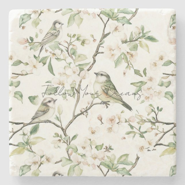 Green Birds White Flowers Tree Stone Coaster (Front)
