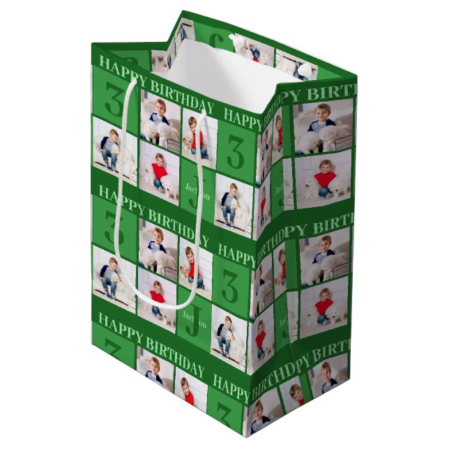 Green Birthday Boy Photo Collage Custom Party Medium Gift Bag (Front Angled)
