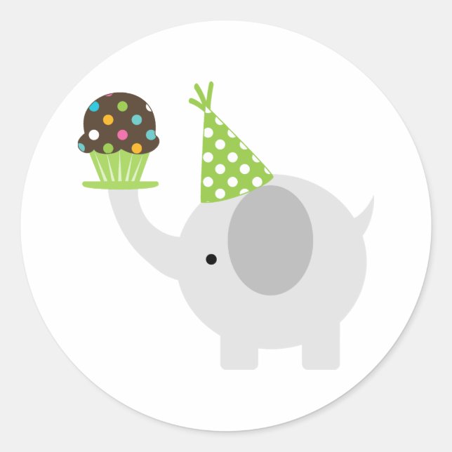 Green Birthday Elephant Classic Round Sticker (Front)