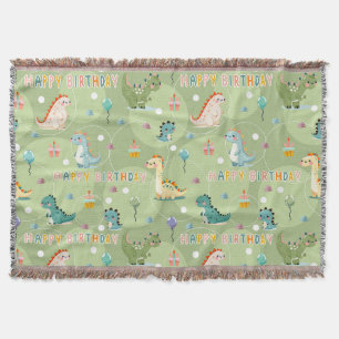 Green birthday pattern with cute dinosaurs party throw blanket