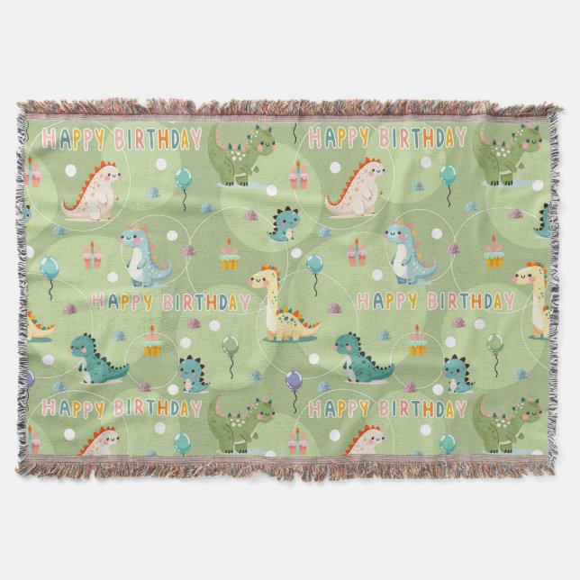 Green birthday pattern with cute dinosaurs party throw blanket (Front)