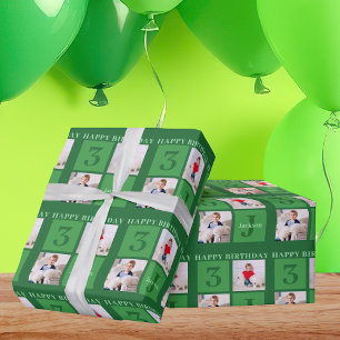 Green Birthday Photo Collage Personalised Kids Wrapping Paper