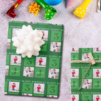 Green Birthday Photo Collage Personalised Kids Wrapping Paper Sheet