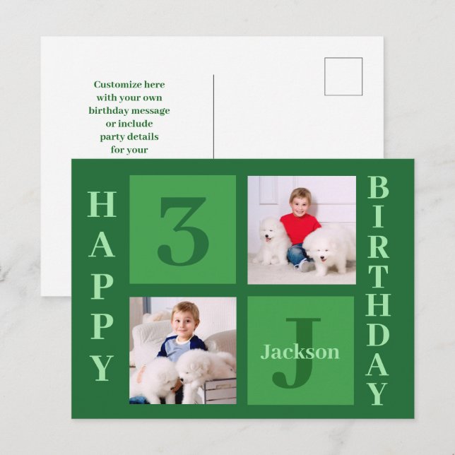Green Birthday Photo Collage Personalised Party Postcard (Front/Back)