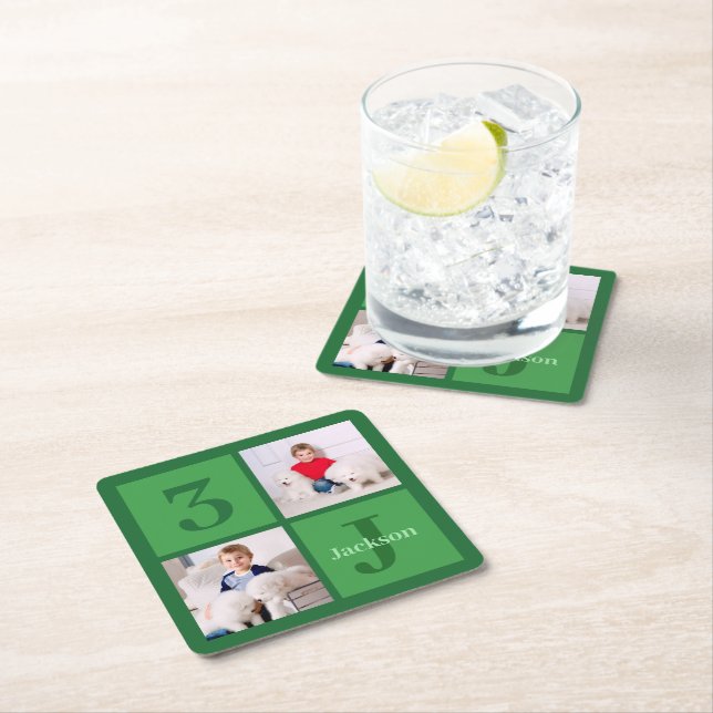 Green Birthday Photo Collage Personalised Party Square Paper Coaster (Insitu)