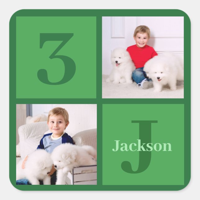 Green Birthday Photo Collage Personalised Party Square Sticker (Front)