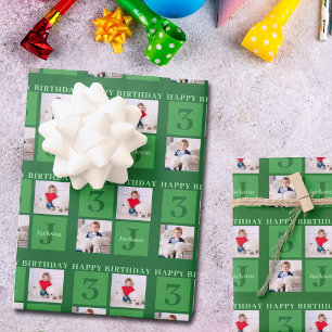 Green Birthday Photo Collage Personalized Kids Wrapping Paper Sheet