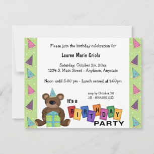 Green Birthday Present Bear Party Invitation