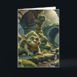 Green Birthday Troll Under a Bridge Card<br><div class="desc">A green troll with pointy ears and a mischievous grin crouches playfully under an ancient,  moss-covered stone archway.
The inside text can be changed.</div>