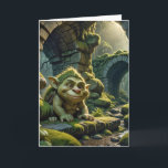 Green Birthday Troll Under a Bridge Card<br><div class="desc">A green troll with pointy ears and a mischievous grin crouches playfully under an ancient,  moss-covered stone archway.
The inside text can be changed.</div>